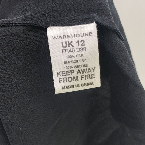 Black Warehouse Silk Dress Short Cutout Sleeves Embroidered Size 8 US 12 UK - Picture 6 of 6